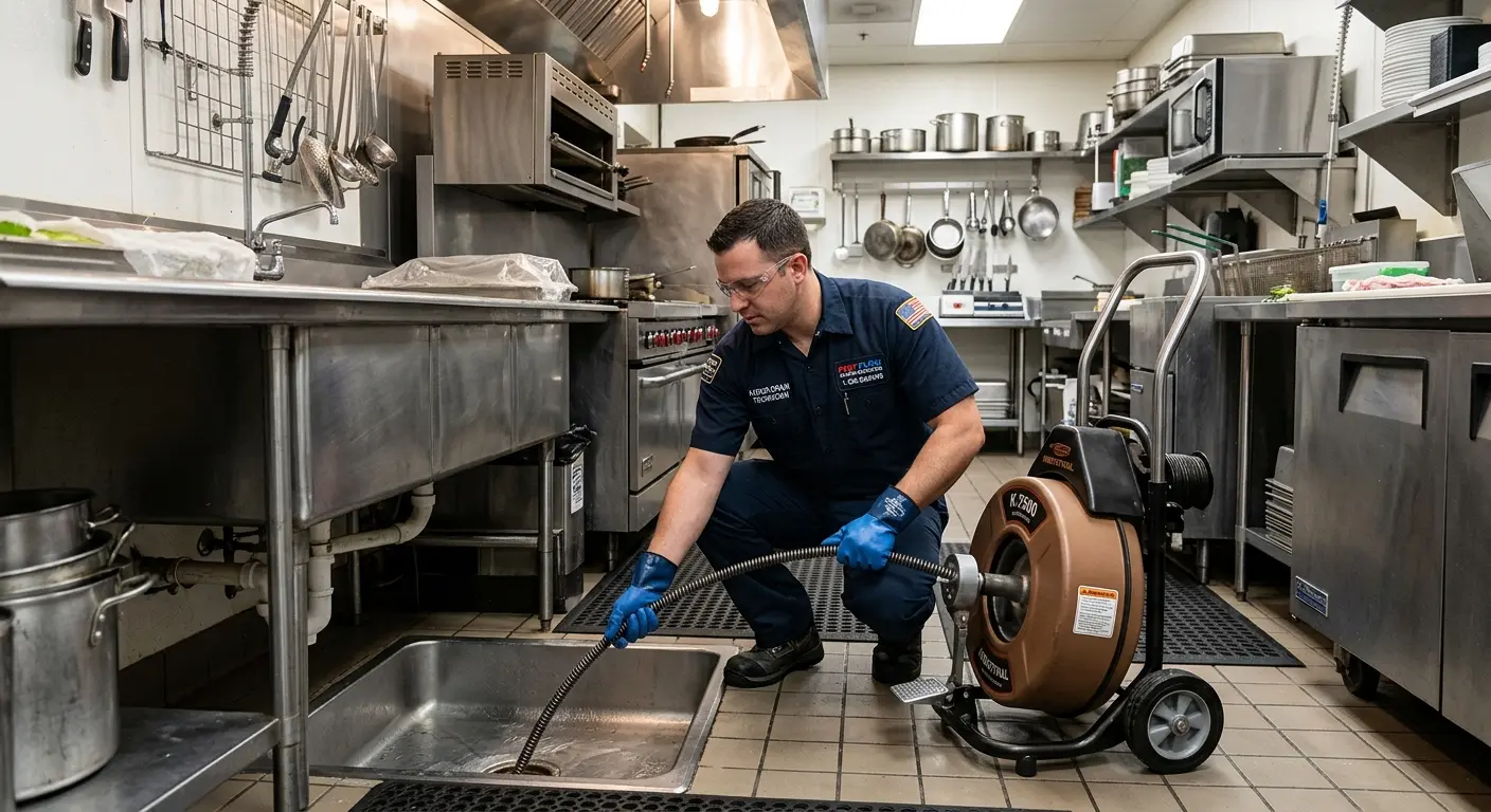 Commercial drain cleaning service in a restaurant kitchen in Raytown