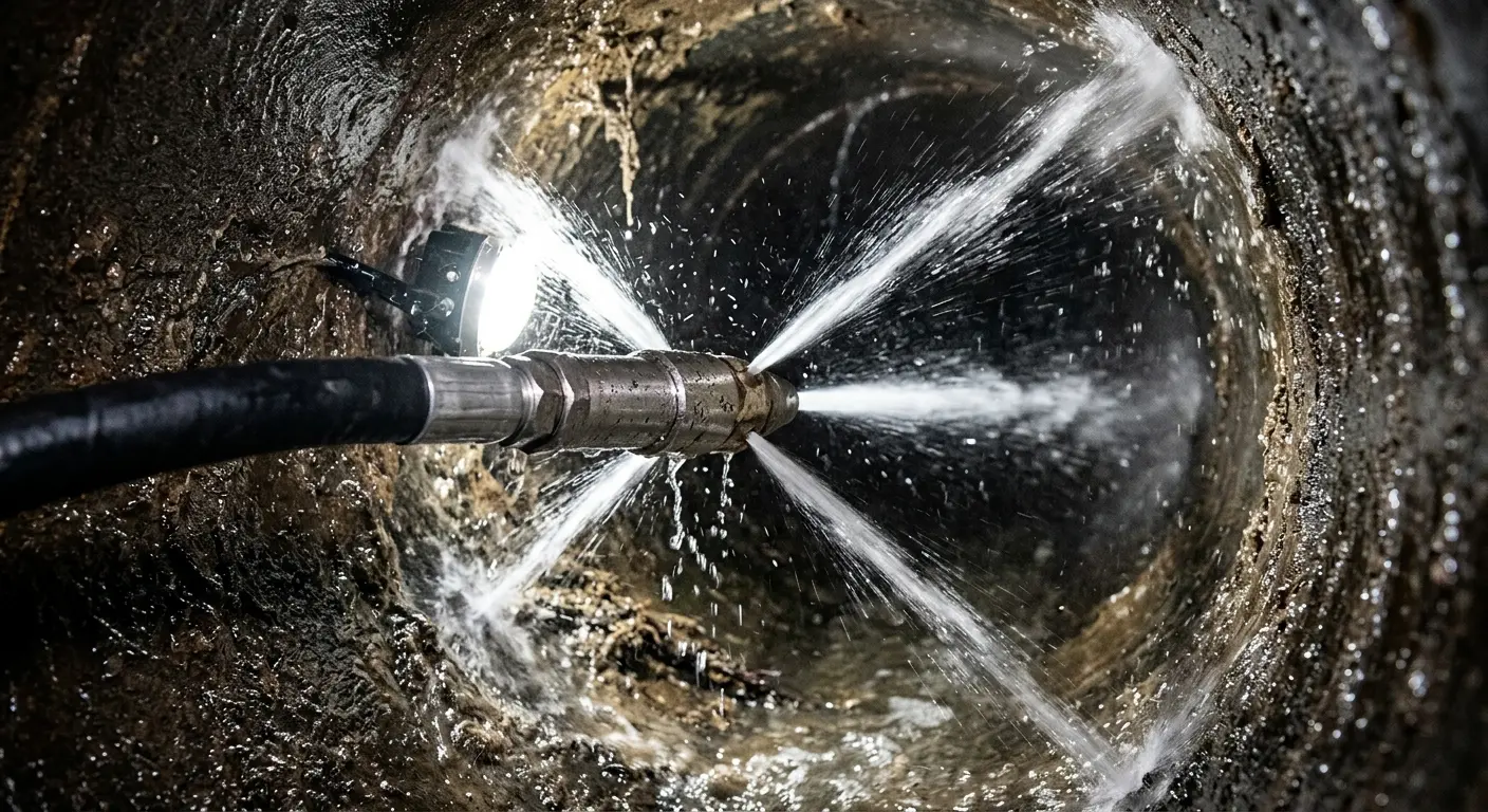 High-pressure hydro jetting nozzle cleaning sewer pipe for Emergency Drain Service in Raytown