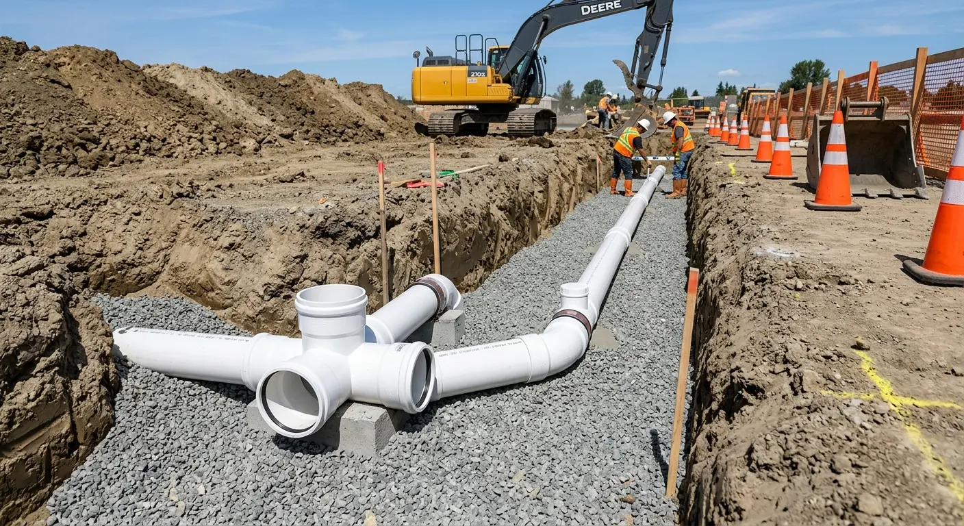 New PVC sewer pipe installation in open trench for Sewer Backup in Raytown