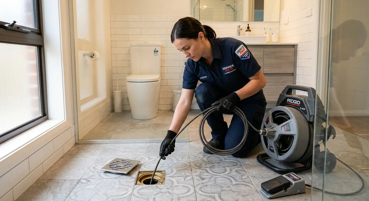 Technician clearing a bathroom floor drain for Drain Cleaning in Raytown